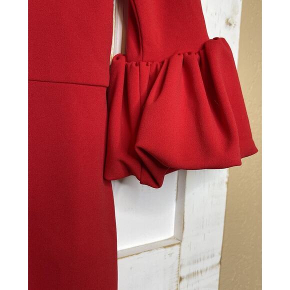 BETSY & ADAM Red Bell Sleeve Gold Zipper Midi Formal Sheath Cocktail Dress 4 - Picture 6 of 12